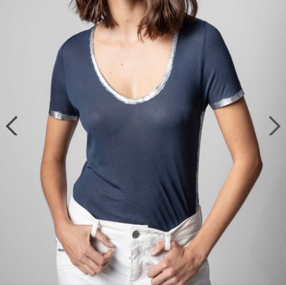 NWT Zadig & Voltaire Tino Foil Silver/Navy U-Neck Shirt